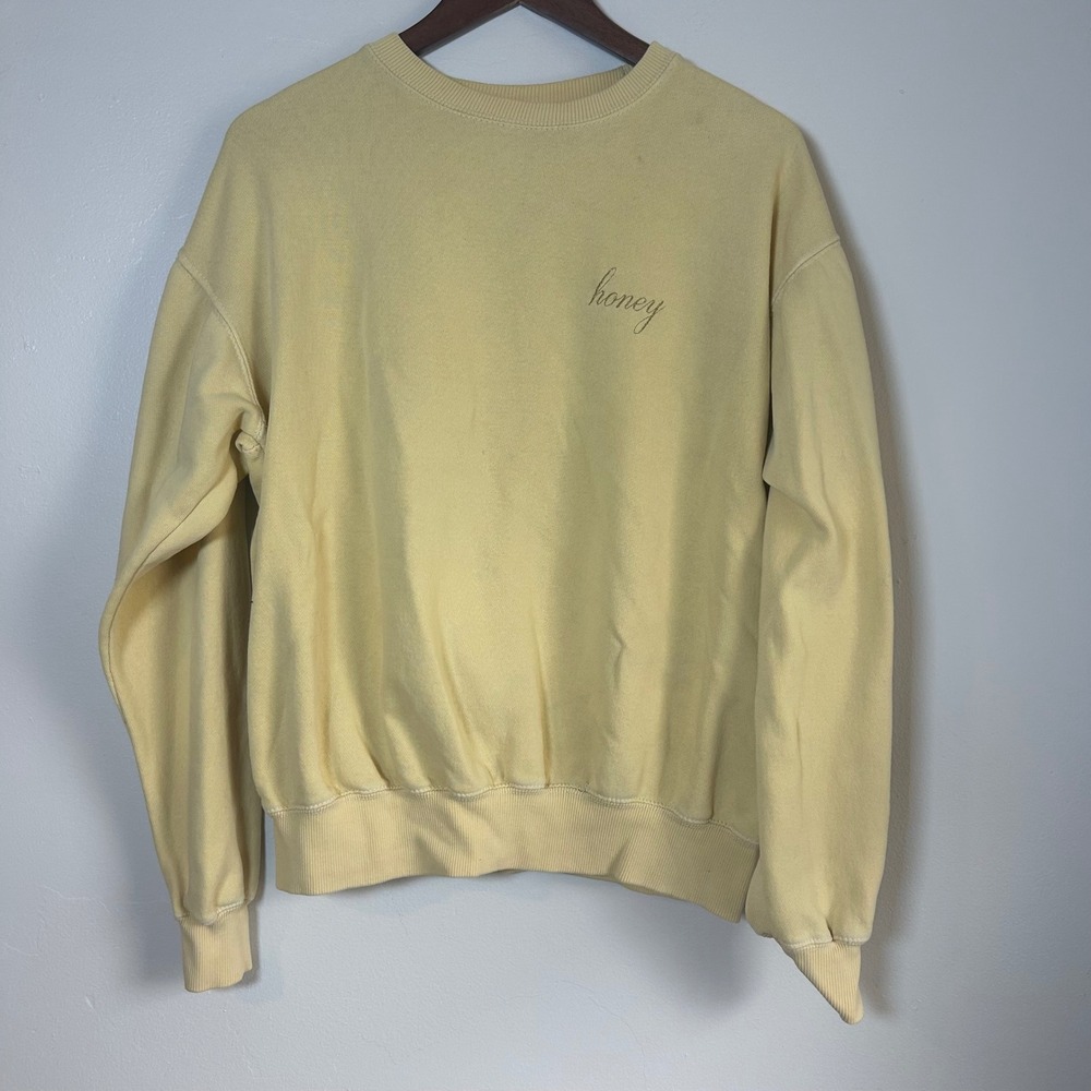 John Galt Sweatshirt Women M Yellow Honey Script Embroidered Crewneck Pullover